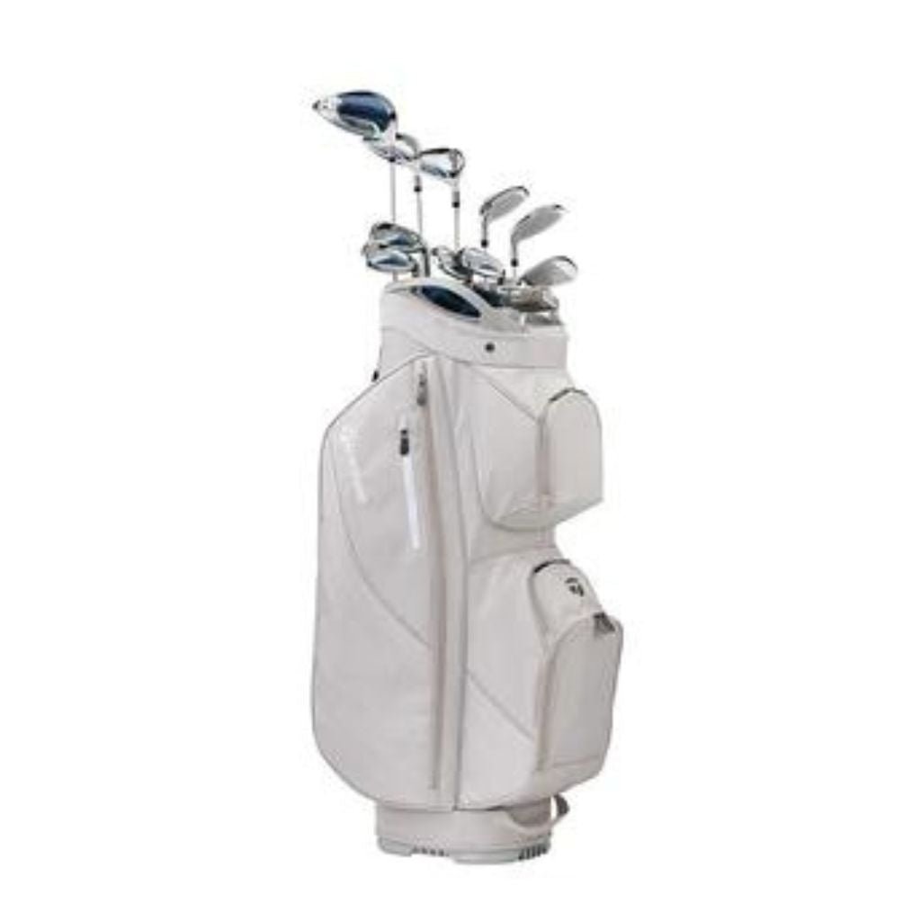 Complete golf set including driver, irons, wedges, putter, and golf bag, showcasing a full range of clubs designed for optimal performance on the course.